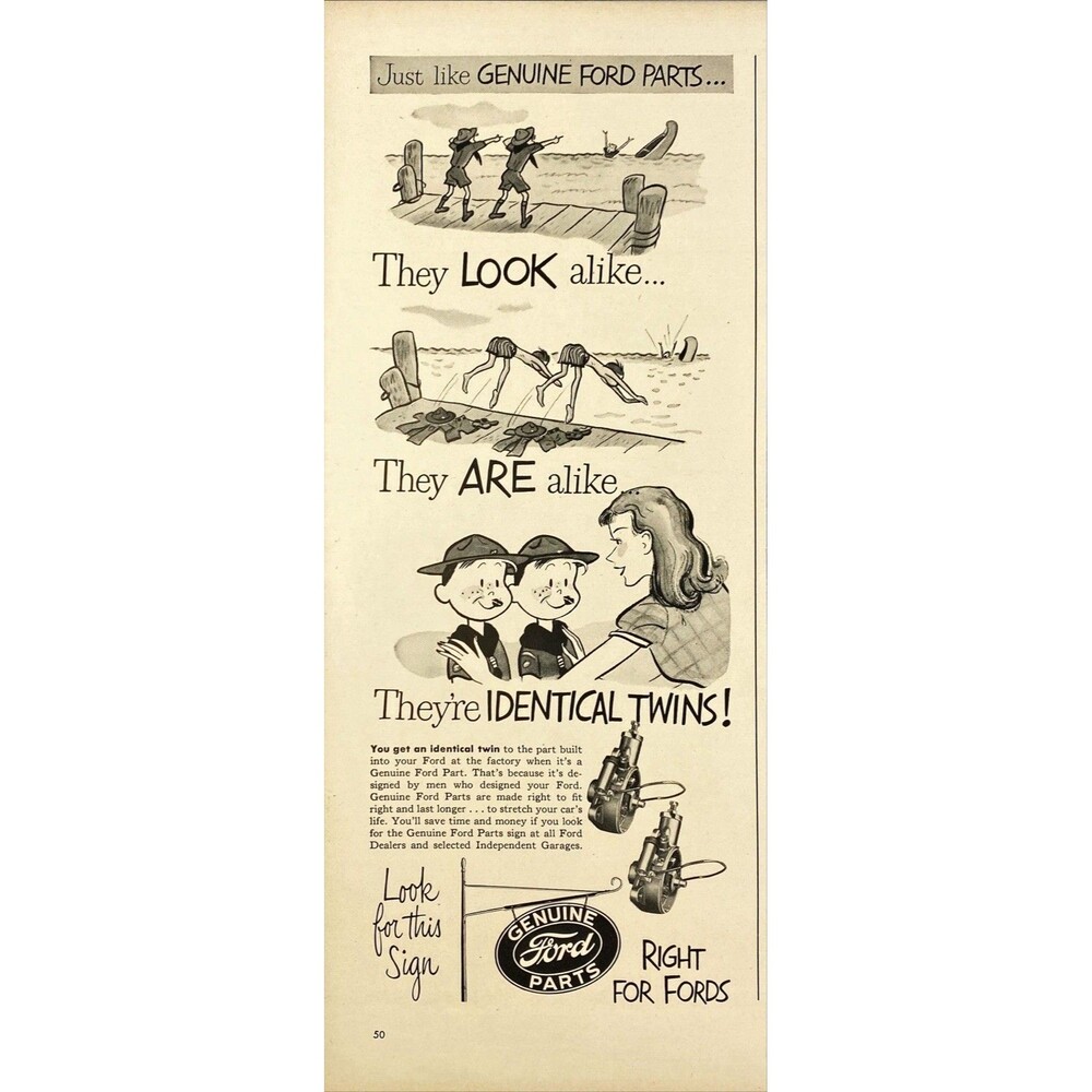 Ford Genuine Parts "Just like Ford Parts Twins are Identical" Vtg Print Ad 1948
